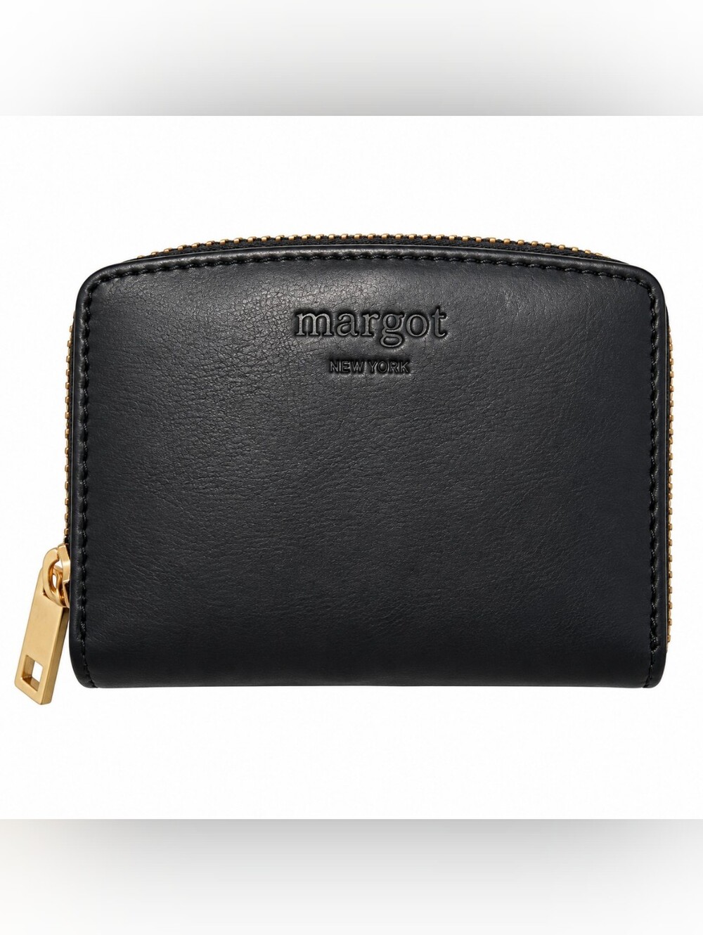 Margot New York Black Leather Zip Around Bifold Wallet Gold Hardware